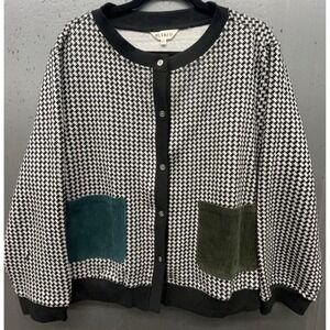 Buykud Sweater Set XL Black White Houndstooth Corduroy Patch Pockets Cardigan